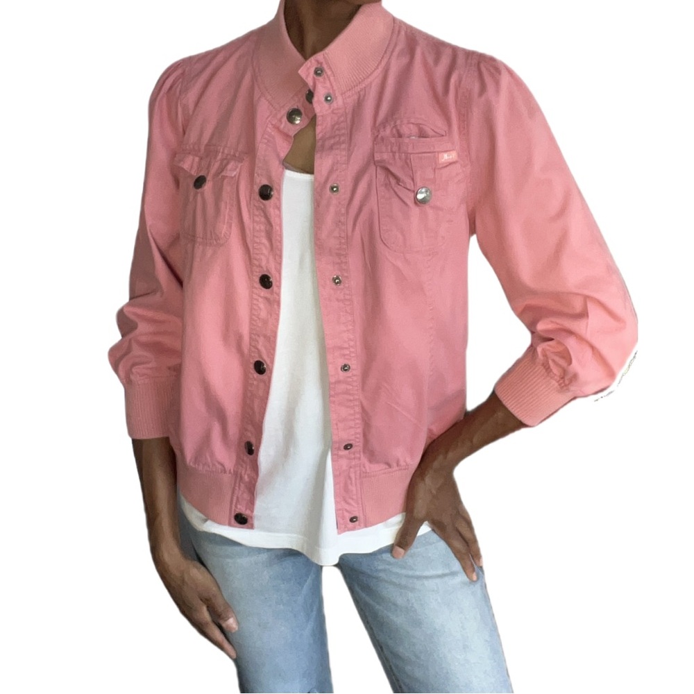 NORI PINK WAIST LENGTH BUTTON DOWN JACKET WITH ELASTIC 3/4 LENGTH SLEEVES